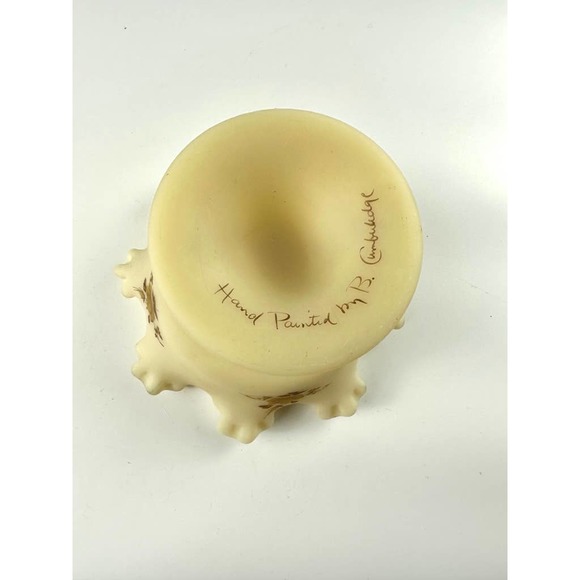 Vintage Signed Fenton Custard Glass Ruffled Crimped Compote Bowl Chocolate Roses - Picture 4 of 11